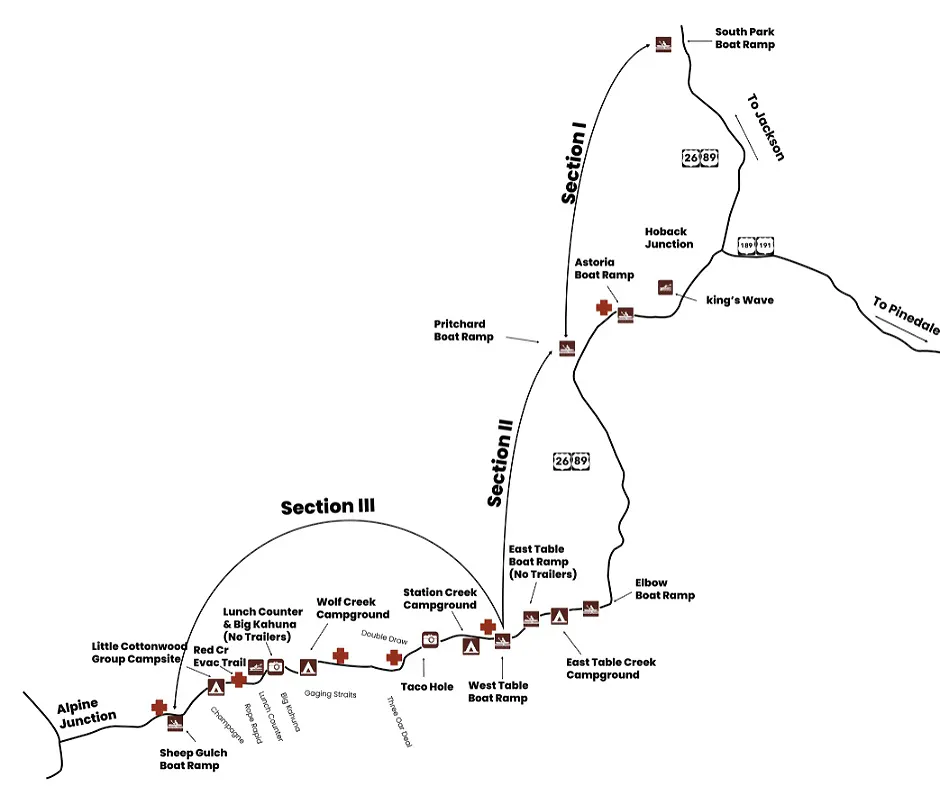Map of Snake River sections showing boat ramps, campgrounds, and river routes